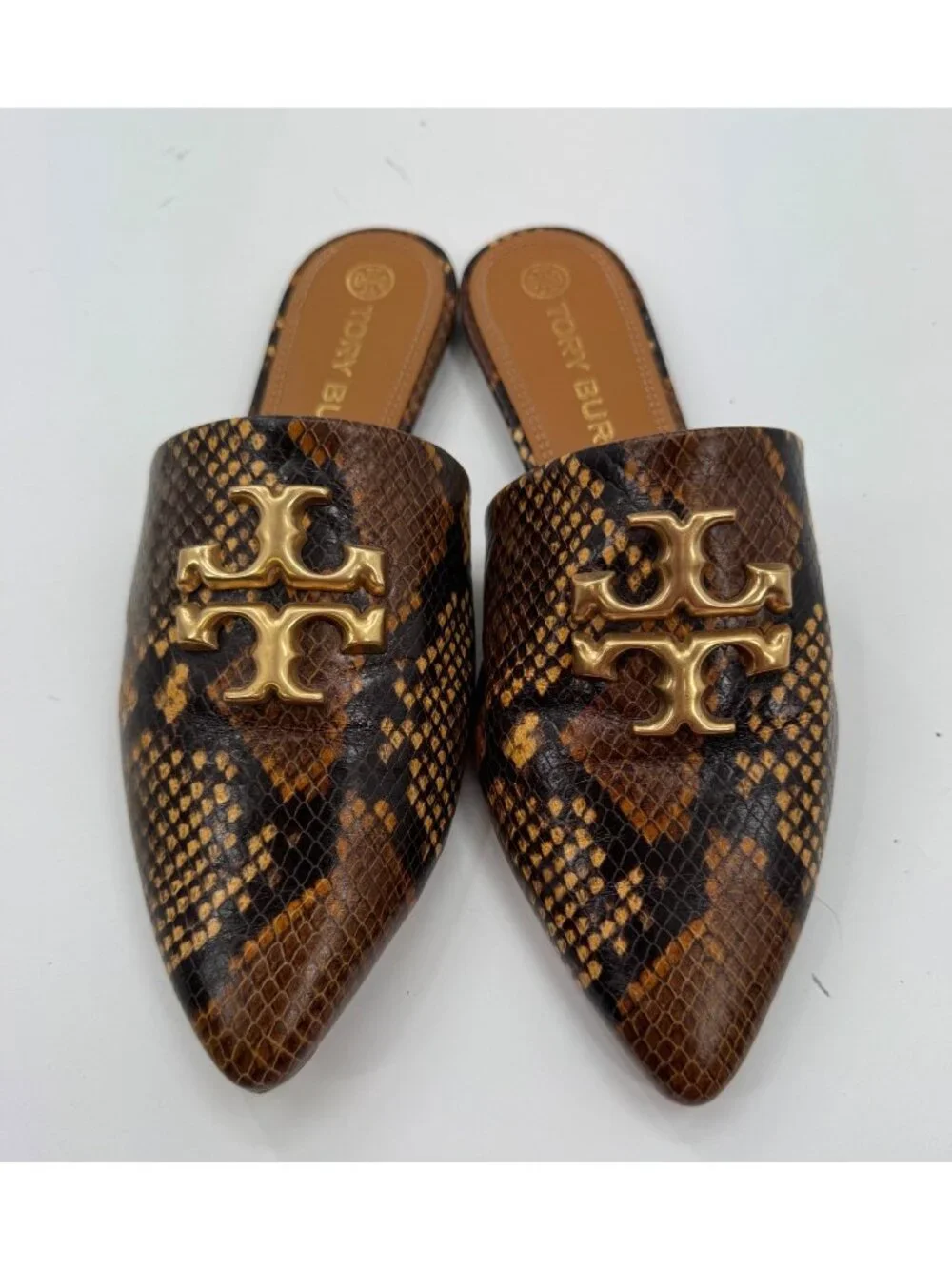 Tory Burch Eleanor Python-Print Leather Mules Gold Logo Size 10M Womens